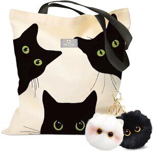 Canvas Tote Bag  + 2 Kitty Cat Bag Charms Key Chains  - 3 Piece Bundle